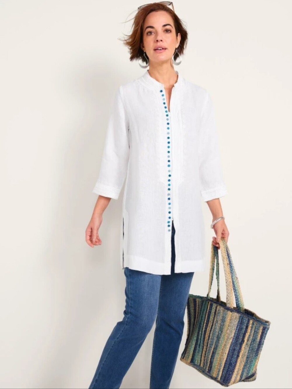 Soft Surroundings Desert Linen Tunic Top Zip Front Coastal Beach White & Blue S